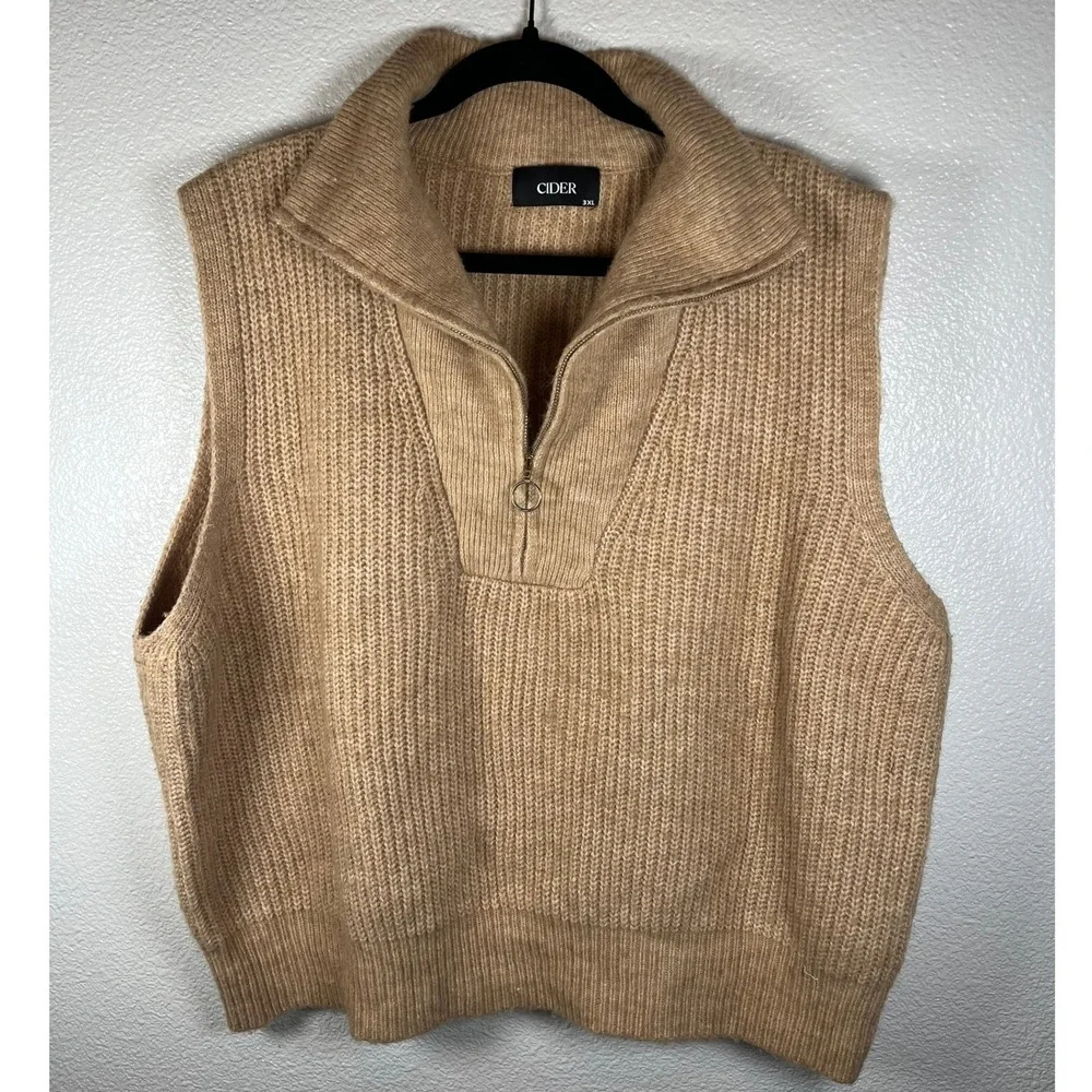 Cider Quarter Zip Sweater Vest Ribbed Knit Sleeveless Pullover Tan 3XL XXX-Large